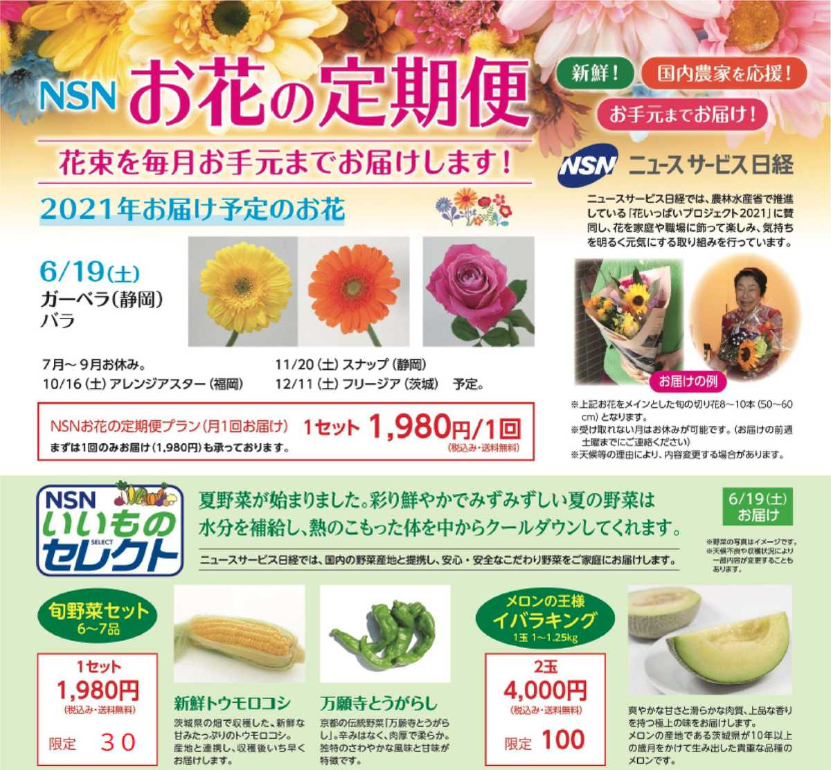 お花の定期便ー６月は ガーベラ 花言葉は 希望 さらに旬野菜セットも販売いたします ニュースサービス日経品川